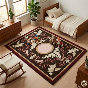 Handgetufteter floraler Teppich, traditioneller burgunderbrauner Teppich, Wollteppich im Vintage-Stil, Akzentteppich für Wohn- und Schlafzimmer, individueller Teppich Bild 1