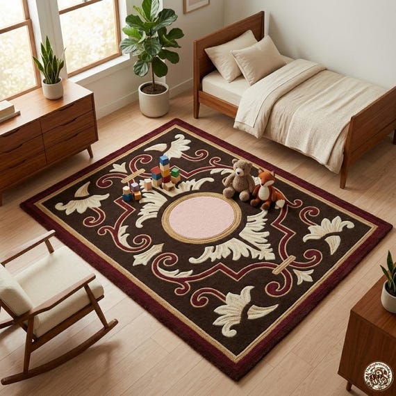 Hand Tufted Floral Area Rug, Traditional Burgundy Brown Rug, Vintage Style Wool Carpet, Living Room Bedroom Accent Rug, Custom Rug