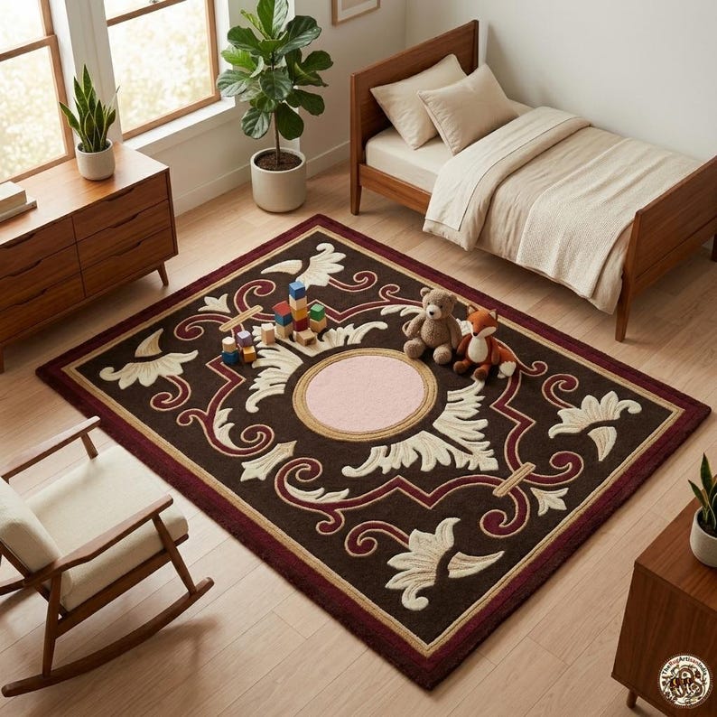Handgetufteter floraler Teppich, traditioneller burgunderbrauner Teppich, Wollteppich im Vintage-Stil, Akzentteppich für Wohn- und Schlafzimmer, individueller Teppich Bild 1