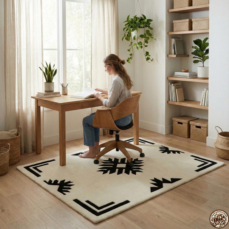 Handtuftad svart elfenbensmatta, geometrisk matta, sydvästlig matta, tribalmönstrad matta, handgjord modern ullmatta, minimalistisk matta bild 10