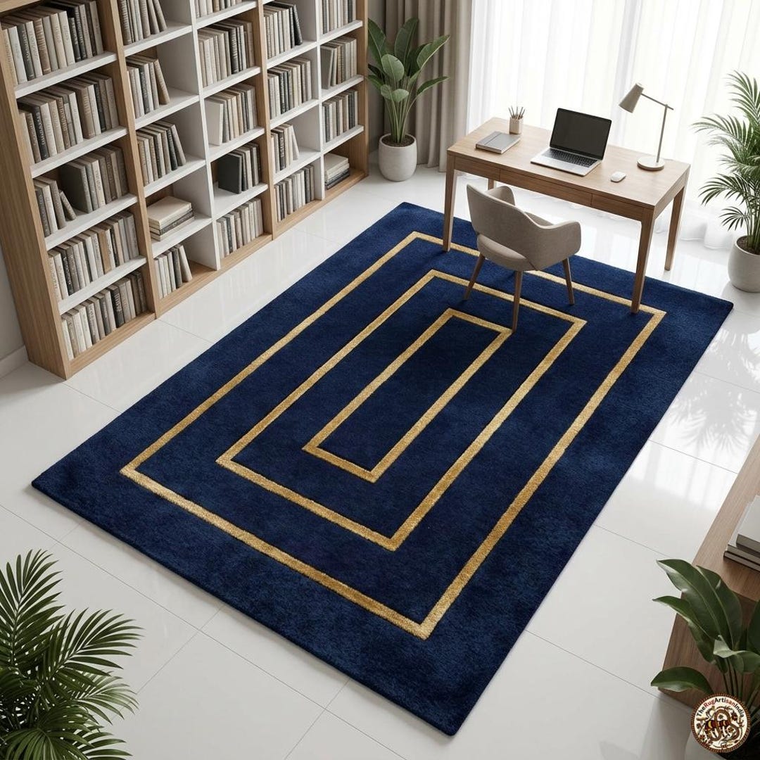 Navy Blue Gold Geometric Hand Tufted Wool Rug – Modern Rectangle Area ...