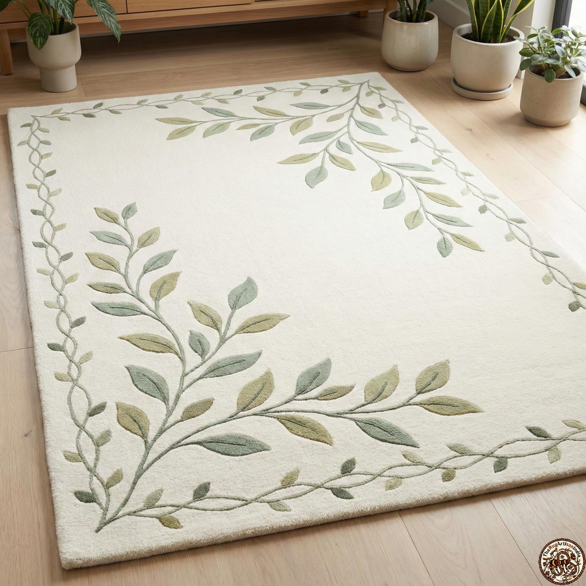 Hope Forest Rug Hand-tufted Wool Area Rug – Cream & Sage Green Leaf Border, Custom Size ...