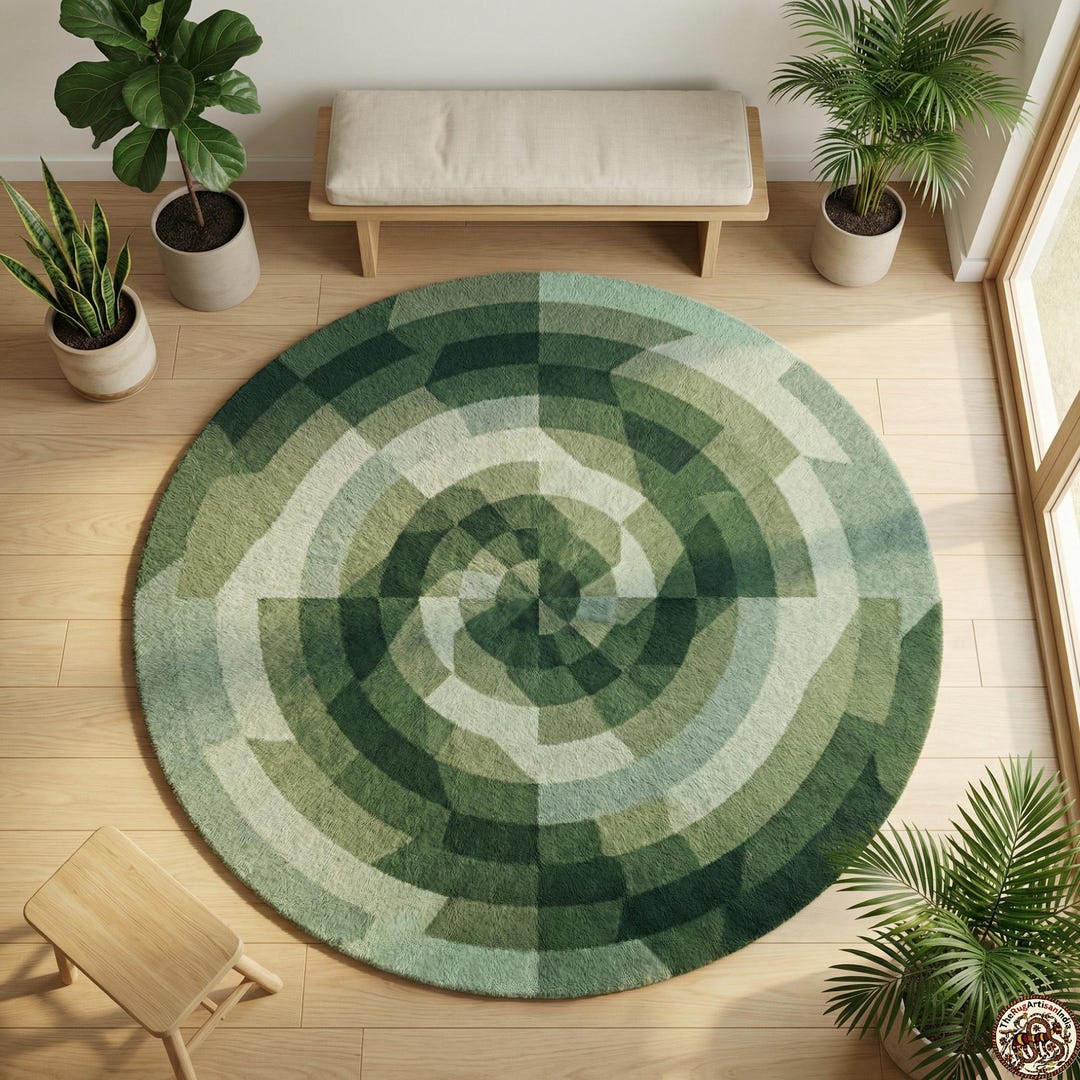 Hand Tufted Wool Round Rug | Abstract Green Circle Design - Etsy