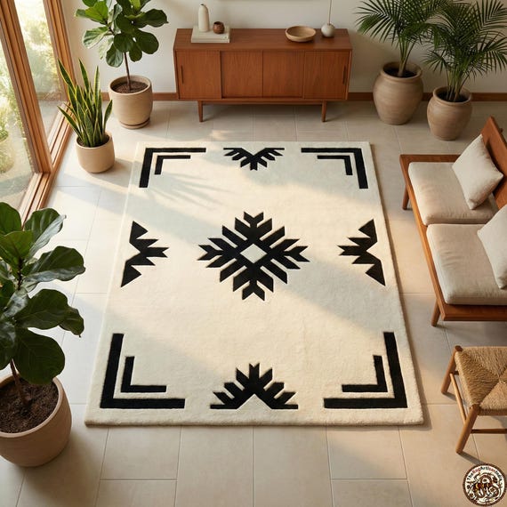 Hand Tufted Black Ivory Rug, Geometric Area Rug, Southwestern Rug, Tribal Pattern Rug, handmade Modern Wool Rug, Minimalist Rug