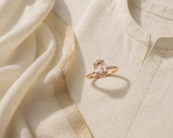 14k Rose Gold Oval Morganite Solitaire Engagement Ring, Delicate Promise Wedding Band