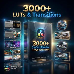 Può includere: Immagine promozionale per DaVinci Resolve, con oltre 3000 LUT e transizioni. L'immagine presenta una scatola scura con il logo DaVinci Resolve e esempi di effetti cinematografici, blockbuster e cyberpunk. Sono incluse transizioni aggiuntive.