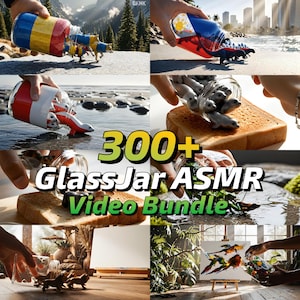 以下が含まれることがあります： 様々な内容物が入ったガラス瓶の画像コラージュ。おもちゃの動物やカラフルなデザインが含まれています。「300+ GlassJar ASMR Video Bundles」のテキストが表示されています。