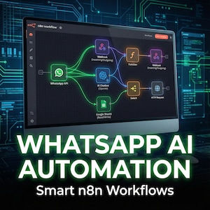 May include: A computer monitor displays a workflow diagram for WhatsApp AI automation. The diagram includes nodes for WhatsApp API, AI Chatbot, Google Sheets, and other functions, connected by green and orange lines. The text "WHATSAPP AI AUTOMATION" and "Smart n8n Workflows" are at the bottom.