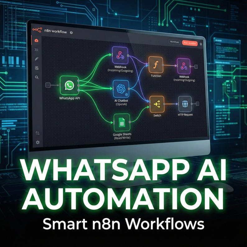May include: A computer monitor displays a workflow diagram for WhatsApp AI automation. The diagram includes nodes for WhatsApp API, AI Chatbot, Google Sheets, and other functions, connected by green and orange lines. The text "WHATSAPP AI AUTOMATION" and "Smart n8n Workflows" are at the bottom.