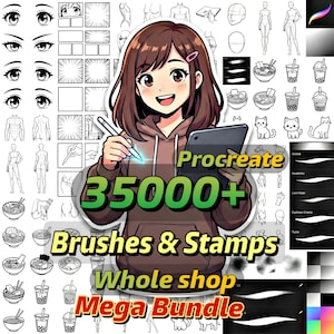 Może przedstawiać: Pakiet sztuki cyfrowej z uśmiechniętą postacią w stylu anime trzymającą rysik i tablet. Obraz zawiera tekst "Procreate 35000+ Brushes & Stamps Whole shop Mega Bundle" z ilustracjami oczu, postaci i jedzenia.