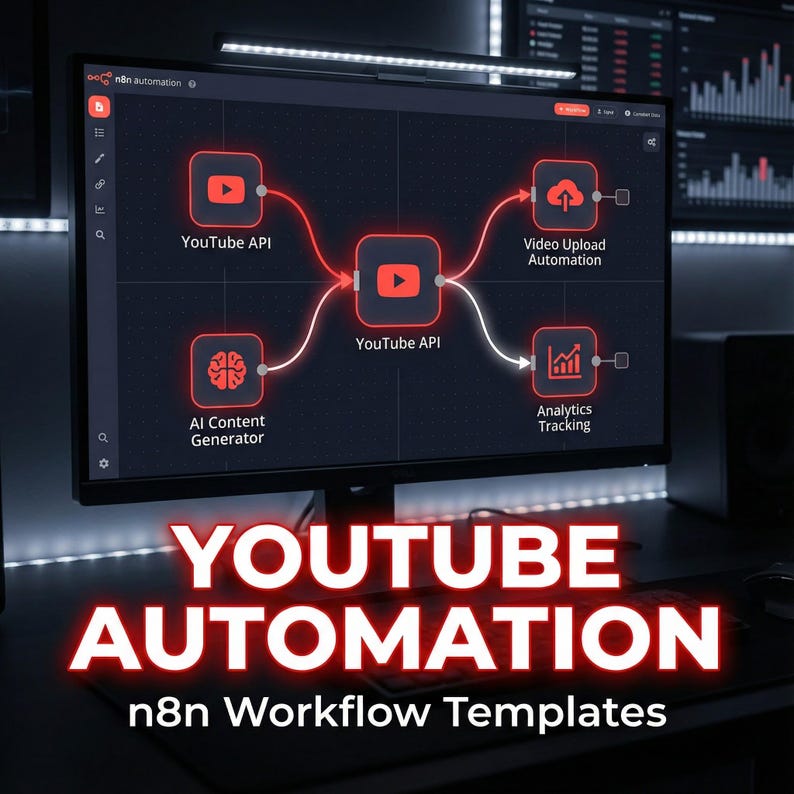 May include: A computer monitor displays a workflow diagram for YouTube automation. The diagram features red and white lines connecting various elements, including "YouTube API," "AI Content Generator," and "Analytics Tracking." The words "YOUTUBE AUTOMATION" are prominently displayed at the bottom.