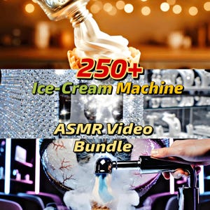 May include: An image promoting an ice cream machine ASMR video bundle. The image features a soft-serve ice cream cone, text that reads "250+ Ice-Cream Machine", and a close-up of a machine dispensing a vapor.