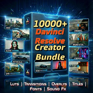 Op de afbeelding: Een digitale afbeelding die een DaVinci Resolve Creator Bundle promoot. De afbeelding toont een donkerblauwe doos met de tekst "10000+ DaVinci Resolve Creator Bundle" in geel en oranje. Kleinere schermen tonen video-effecten.