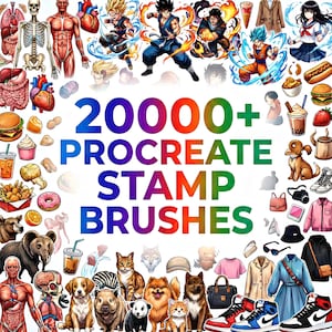 Puede incluir: Una imagen de arte digital colorida que presenta varias ilustraciones, incluyendo personajes de anime, alimentos, animales y ropa. El texto "20000+ PROCREATE STAMP BRUSHES" se muestra prominentemente en el centro, indicando un producto de arte digital.