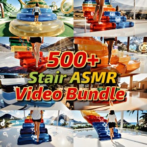 Puede incluir: Imagen compuesta que muestra varias escaleras coloridas con personas caminando sobre ellas. El texto "500+ Stair ASMR Video Bundle" se muestra de forma destacada. Las escaleras son de diferentes colores y diseños, sobre fondos escénicos.