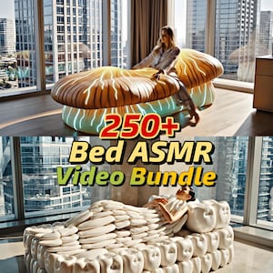 Peut inclure: L'image présente deux lits originaux. Le lit supérieur ressemble à un grand champignon brun et jaune, tandis que le lit inférieur est blanc et texturé. Le texte "250+ Bed ASMR Video Bundle" est affiché.