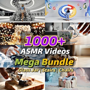 Op de afbeelding: Een collage van afbeeldingen met verschillende ASMR-thema's. De centrale afbeelding toont de tekst "1000+ ASMR Videos Mega Bundle" in paars en geel. Andere afbeeldingen tonen een persoon op een wenteltrap, popcorn en een persoon in pyjama.