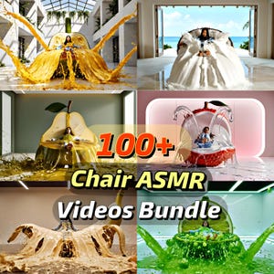 Peut inclure: Image composite présentant quatre modèles de chaises uniques, chacun fabriqué à partir de fruits et de liquides différents. Le texte "100+ Chair ASMR Videos Bundle" est affiché. Les chaises sont occupées par des personnes.