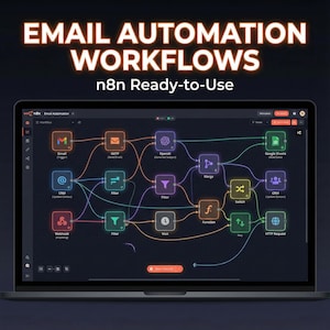 May include: A laptop screen displaying a workflow diagram for email automation. The text "EMAIL AUTOMATION WORKFLOWS" and "n8n Ready-to-Use" are at the top. The diagram includes various icons and connecting lines representing different email functions.