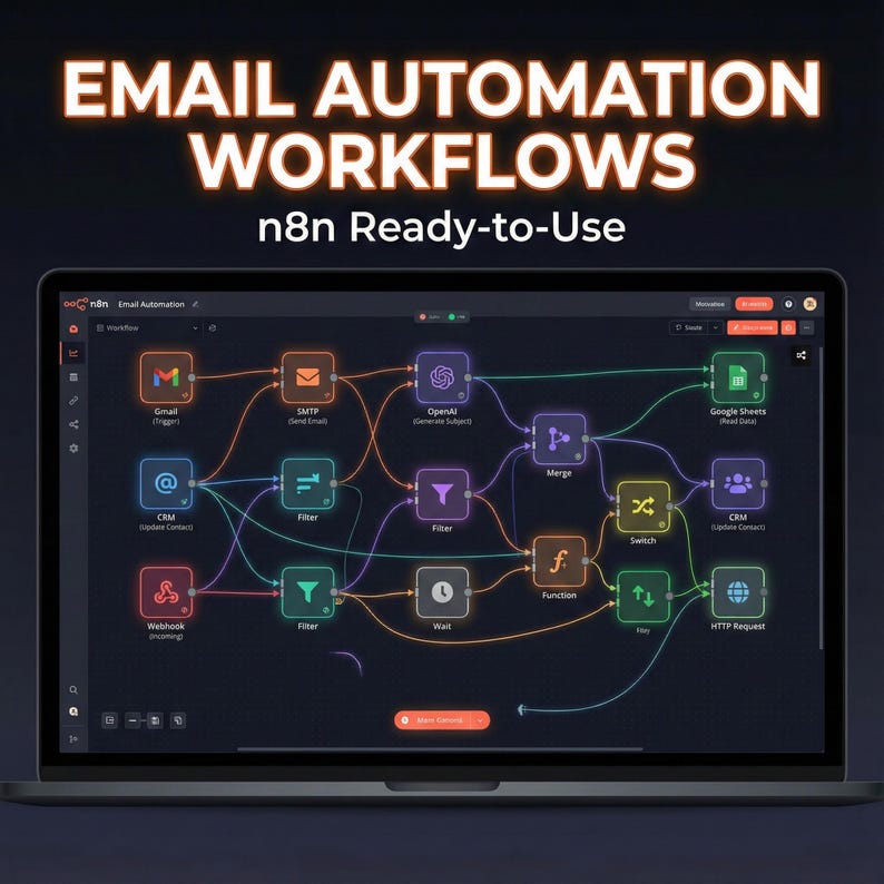 May include: A laptop screen displaying a workflow diagram for email automation. The text "EMAIL AUTOMATION WORKFLOWS" and "n8n Ready-to-Use" are at the top. The diagram includes various icons and connecting lines representing different email functions.