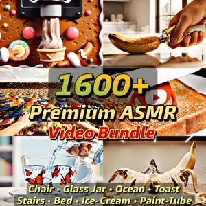 Pode incluir: Imagem composta com elementos ASMR. Inclui uma máquina de sobremesas, uma banana com tinta, um campo de penas coloridas, uma fatia de torrada, um copo de água com borboletas e o texto "1600+ Premium ASMR Video Bundle."