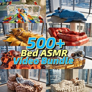 May include: A collection of creatively designed beds, such as a parrot-themed bed, a dolphin-shaped bed, and a sunflower bed. The image also shows a lava-themed bed, a brain-shaped bed, and a bed made of stacked pillows. Text reads "500+ Bed ASMR Video Bundle."