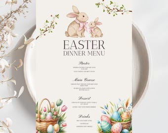 Menu de Pâques modifiable et imprimable | Menu minimaliste pour le dîner de Pâques | Modèle Canva 5x7 et 4x9