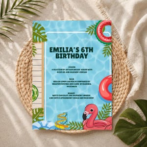 May include: A rectangular menu card with a light blue swimming pool water background, featuring text that reads EMILIA'S 6TH BIRTHDAY, STARTER, MAIN, and DESSERT. The design includes illustrations of a pink flamingo float, a watermelon ring, and a yellow slide.