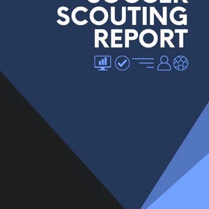Pode incluir: Um design geométrico azul marinho e preto com as palavras "SOCCER SCOUTING REPORT" em branco. A palavra "TEMPLATE" está na parte inferior. Inclui ícones de computador, marca de seleção, pessoa e bola de futebol.
