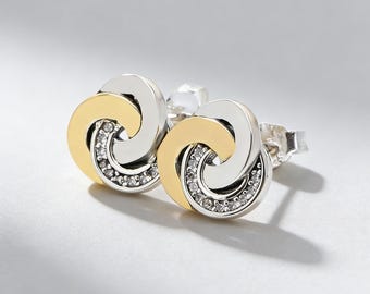 Friendship Jewelry Pandora Two-Tone Swirl Earrings | Silver Gold Paved Twist Studs Gift for Bestie