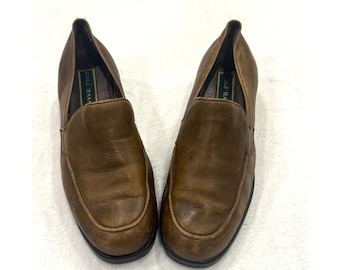 Zapatos mocasines de cuero marrón Cole Haan con tacón de bloque y puntera mocasín F3413 para mujer, talla 9.5 B