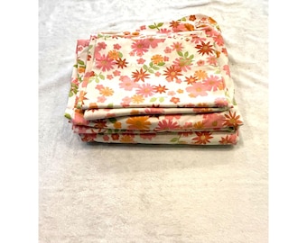 Vintage Sears Perma-Prest Floral Spannbettlaken und 2 Kissenbezüge Pink Orange