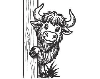 Peeking Highland Cow Embroidery Design, Funny Baby Animal Line art Machine Embroidery Digitized File