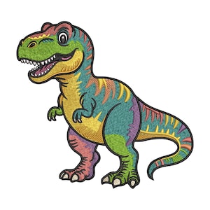 Dinosauriebroderidesign, Jurassic T Rex för barn, färgglad dinosauriemaskinbroderi, direktnedladdning