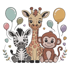 May include: Embroidered design featuring a giraffe, zebra, and monkey, with colorful balloons and decorative elements. The animals are smiling, and the design is on a white background. The design is suitable for children's items.