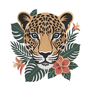 May include: Embroidered design of a leopard's face with green eyes, surrounded by tropical leaves and flowers. The leopard has a tan coat with black spots. The leaves are dark green, and the flowers are red and orange.