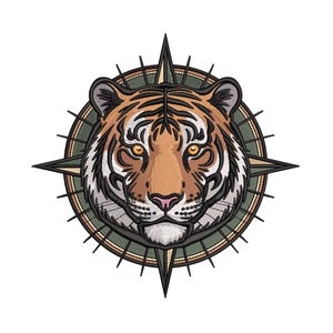 May include: Embroidered tiger head design with orange, black, and white stripes, centered within a compass rose. The compass rose is green and tan, with black directional points. The tiger has yellow eyes and a pink nose.