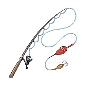 May include: An illustration of a fishing rod with a reel, blue line, red and white bobber, and a hook. The rod is dark grey with a brown handle. The bobber is red with white stripes. The hook is silver and brown.