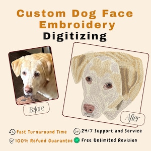 May include: An image showcasing custom dog face embroidery digitizing. The image features a before and after comparison of a dog's face, highlighting the transformation. Text includes "Custom Dog Face Embroidery Digitizing."
