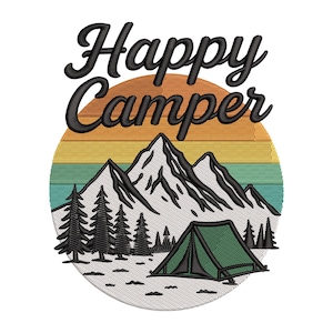 May include: Embroidered patch with the words "Happy Camper" in black script above a mountain scene. The design includes a green tent, pine trees, and a mountain range set against a striped orange, yellow, and teal background.