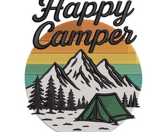 Happy Camper Embroidery Design, Tent Nature, Outdoor Adventure Mountain Camping Machine Embroidery Digital File