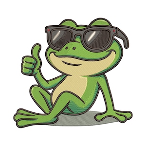 Könnte beinhalten: Gestickter Aufnäher einer Cartoon-Froschfigur mit schwarzer Sonnenbrille und einem Daumen hoch. Der Frosch ist grün mit einem hellgrünen Bauch und einem lächelnden Gesicht. Der Aufnäher befindet sich auf weißem Hintergrund.