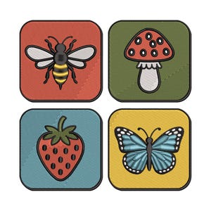 May include: Four embroidered patches featuring nature-themed designs. Includes a bee on a red background, a mushroom on green, a strawberry on blue, and a butterfly on yellow. Each patch has a square shape with a stitched border.