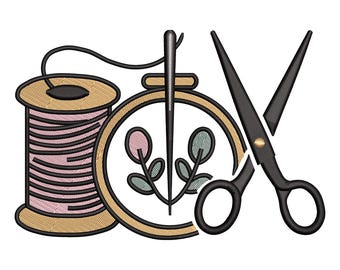 Sewing Embroidery Design, Tailor Tools, Scissors, Thread, Needle, Machine Embroidery Digitize Digital Instant File
