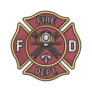 Op de afbeelding: Geborduurd brandweerembleem in rood, goud en wit. Het ontwerp toont de woorden "FIRE DEPT." en een Maltese kruisvorm. Het midden bevat een brandweerhelm, gekruiste ladders en een bijl.