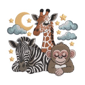 May include: An embroidered design featuring a zebra, giraffe, and monkey, all with closed eyes. The design includes a crescent moon, clouds, and stars. The animals are in shades of brown, black, and white, with accents of gold and blue.