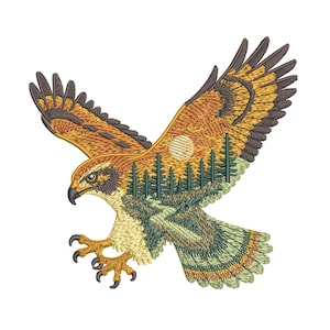 May include: An embroidered patch featuring a hawk in flight with wings spread wide. The bird's body incorporates a landscape scene with dark green pine trees, a pale yellow sun, and a winding path, rendered in shades of brown, gold, and green.