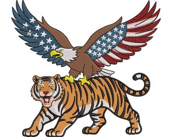 Patriotic Eagle Tiger Embroidery Design, American Flag Pattern Bird Wings Machine Embroidery Instant File