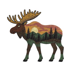 May include: Embroidered moose design featuring a sunset scene within its body. The moose has large antlers and is colored in shades of brown, green, orange, and yellow. The design includes trees, mountains, and a sun.