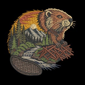 May include: Embroidered patch featuring a detailed beaver design. The beaver's body is brown, with a landscape scene of a mountain, trees, and a river. The beaver is holding a pile of brown sticks, with a black background.